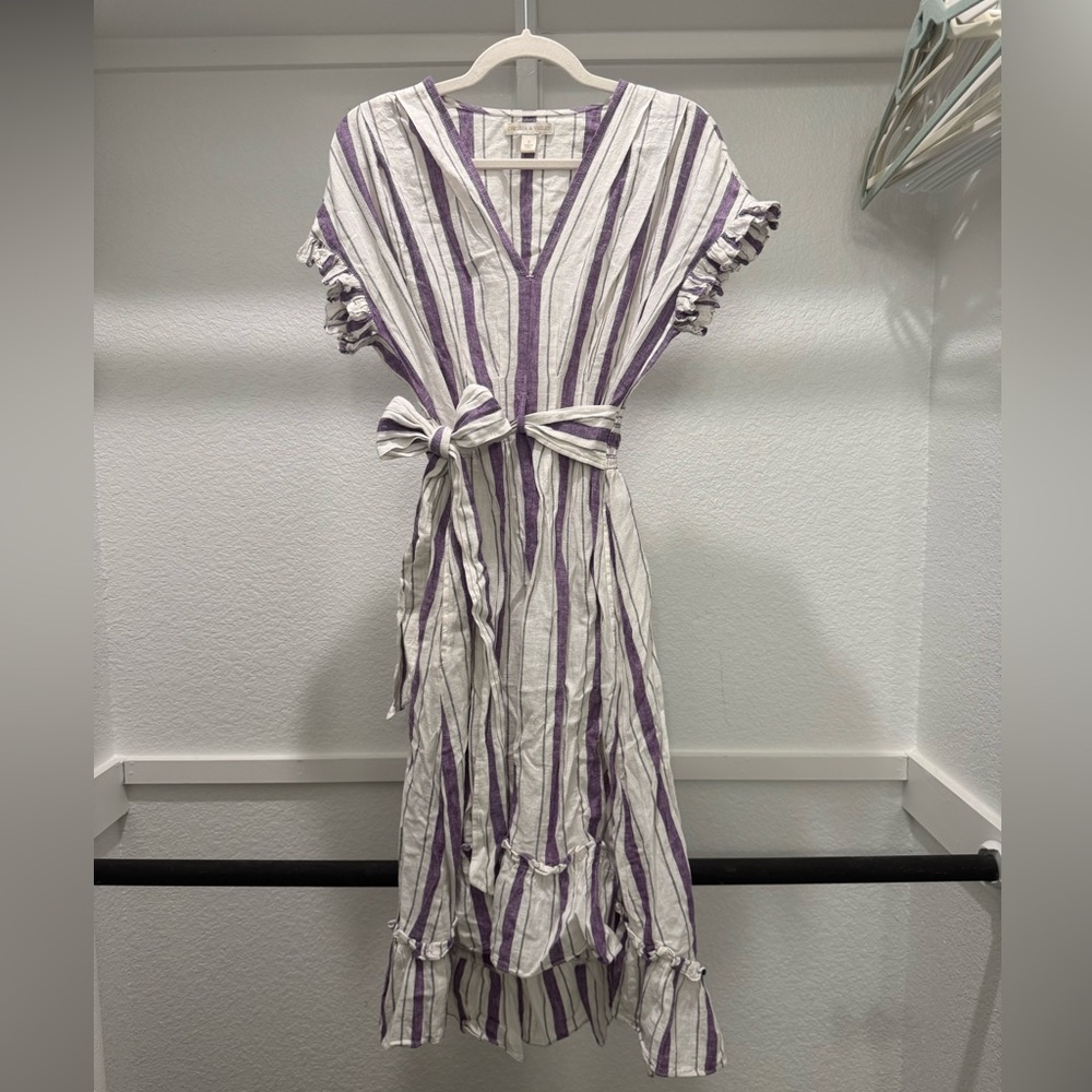 Chelsea & Violet Striped Purple and White Midi Dress Linen Blend - S